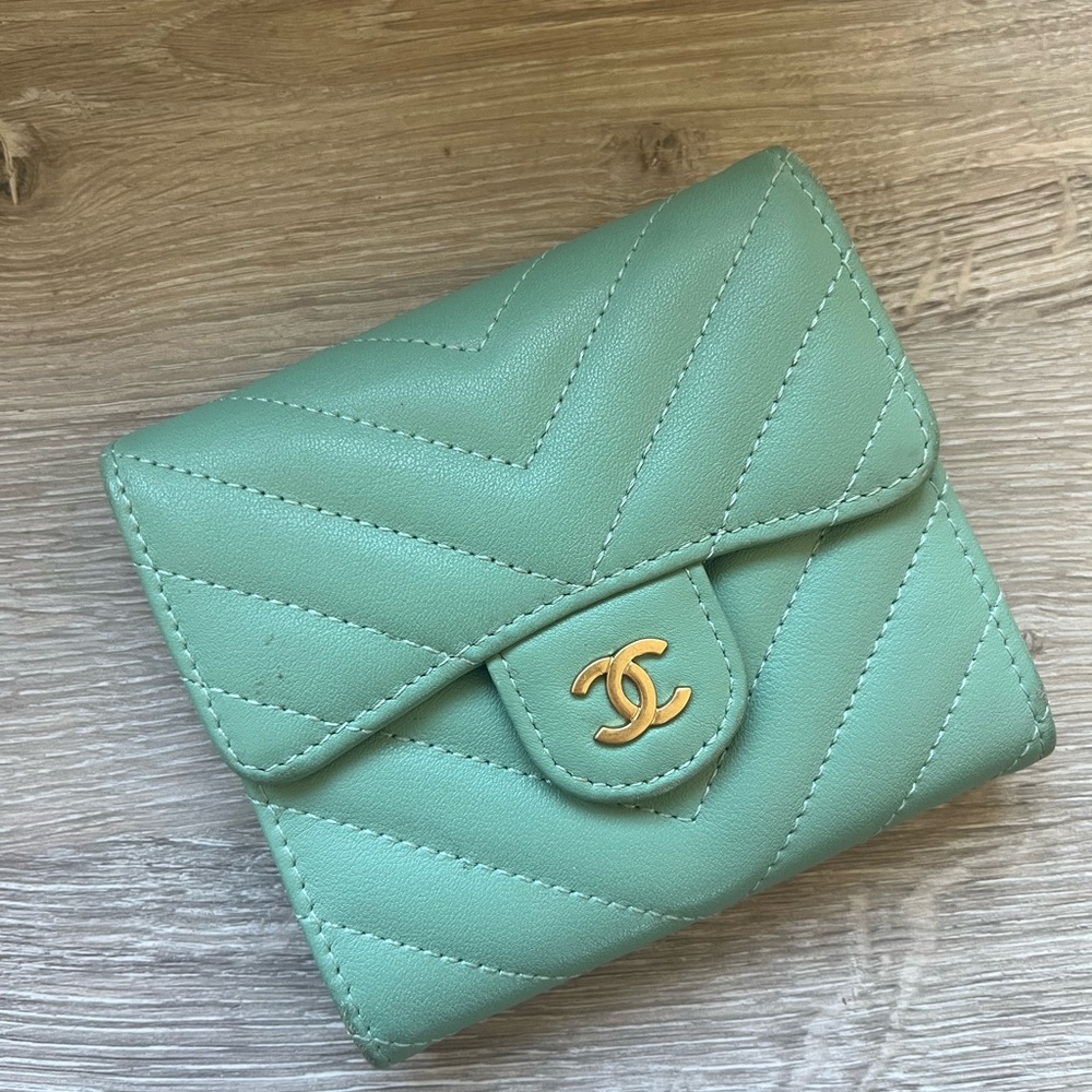 Chanel Green Chevron Quilted Wallet